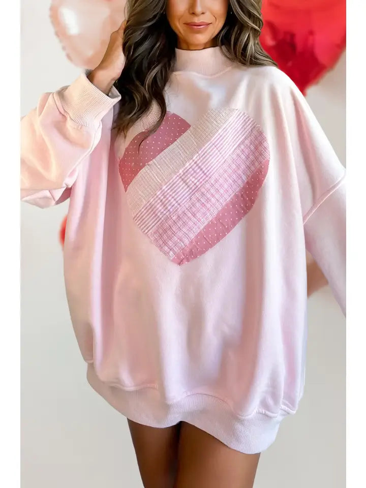 Valentines Heart Patchwork Mock Neck Sweatshirt